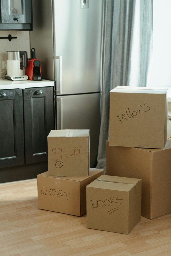 Labeled moving boxes in home kitchen - visit rsd-storage.com. 